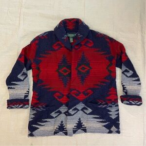 Lauren Ralph Lauren Hand Knit Aztec Print Wool Cardigan Sweater Coat Petite Med